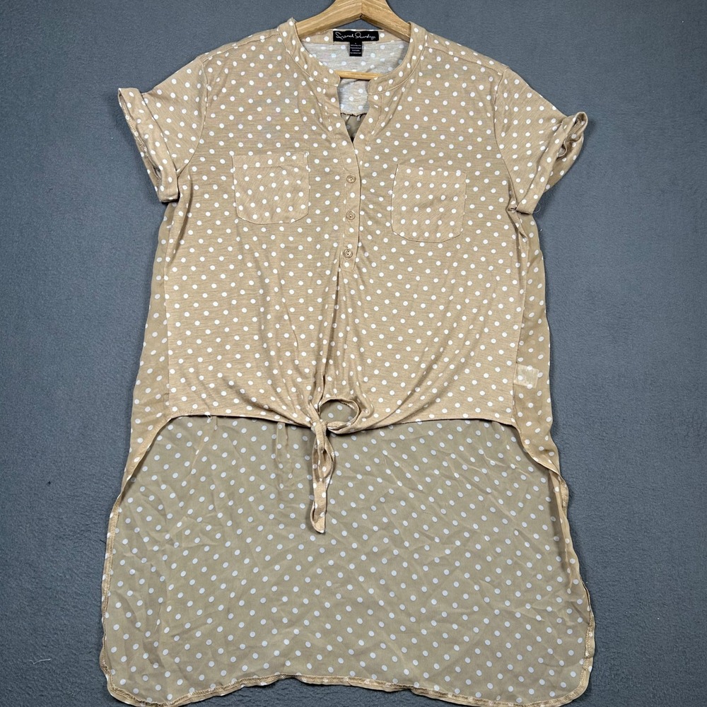 French Laundry Top Womens L Tan Polka Dot High Low Tie Front Short Sleeve Blouse